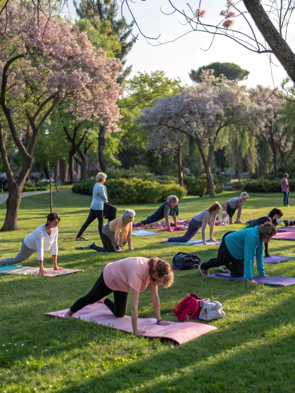 A group of young adults participating in a yoga session outdoors, promoting mindfulness and physical wellbeing.