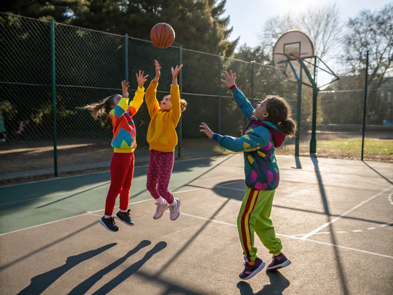 A vibrant image showing children of diverse backgrounds playing basketball together in a sunny outdoor court, representing the inclusive sports programs offered by Madinina Sport Passion.