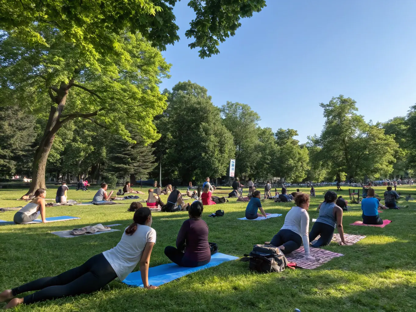 A serene image of a group of adults participating in a yoga session in a park, emphasizing the wellness programs provided by Madinina Sport Passion.